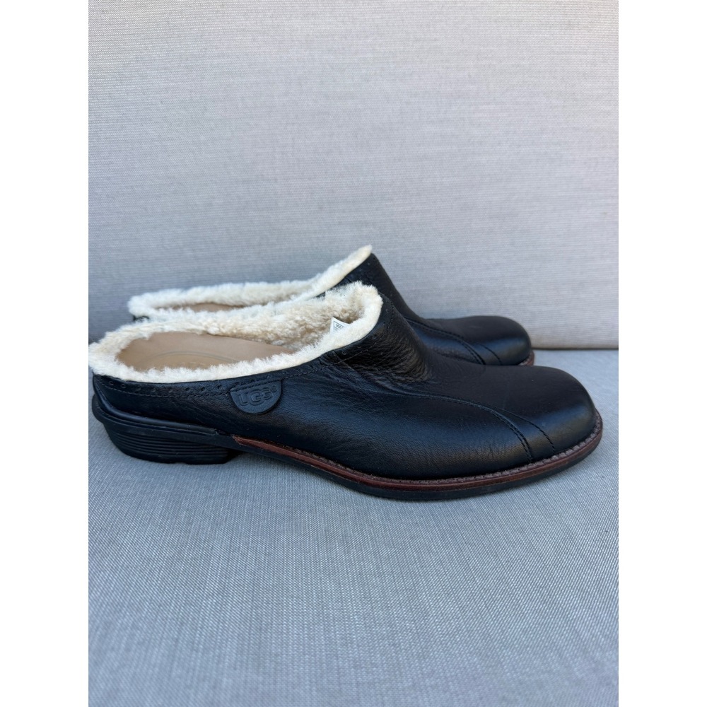 UGG Australia Langford Black Leather Shearling Lined Clogs Mules Shoes Womens 9